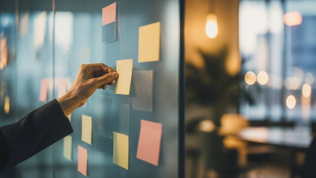 Hand placing blank sticky note on frosted glass planning wall