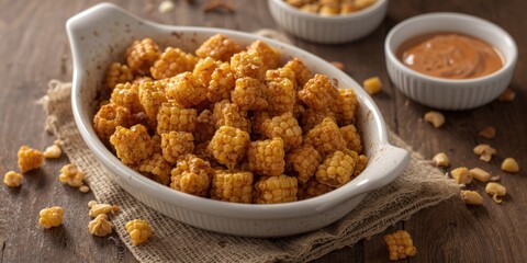 Fototapeta premium Fried Corn Snack Served in a White Bowl on Rustic Wooden Table