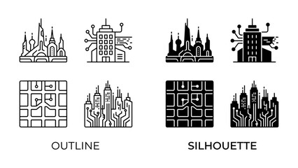 Fototapeta premium Smart City Iconography: A collection of minimalist icons representing a smart city, showcasing futuristic architecture integrated with digital technology in both outline and silhouette styles.