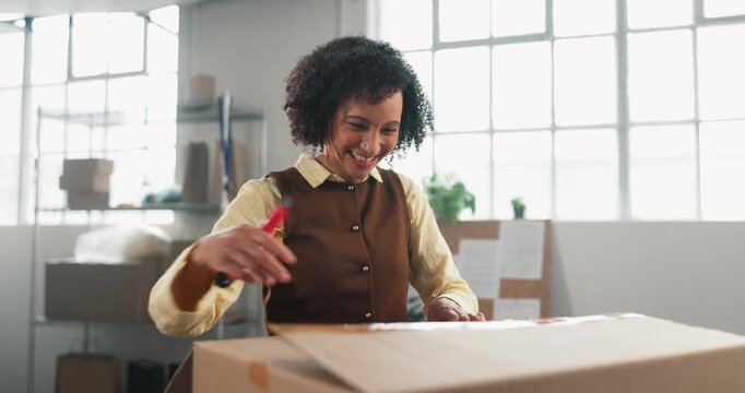 Woman, package and unboxing with boxcutter at logistics startup office, parcel or supplier. Happy person, box and knife for opening, shipment and small business with export process for distribution