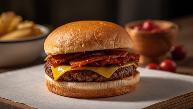 Juicy Cheeseburger with Crispy Bacon on a Wooden Table with Side Fries
