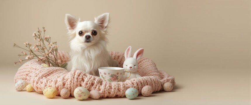 Adorable Chihuahua Sitting in a Cozy Nest with Easter Eggs and a Bunny Figurine