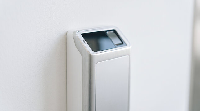 Biometric fingerprint scanner mounted white wall metal card reader access control security system modern office technology smart lock digital authentication device entrance