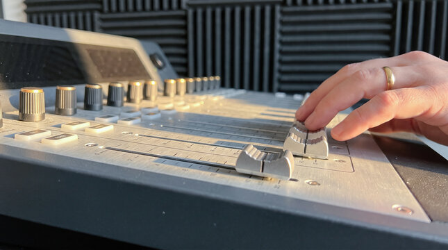 Hand adjusting silver faders audio mixing console sound desk recording studio acoustic foam background warm sunlight music production professional equipment technology broadcast