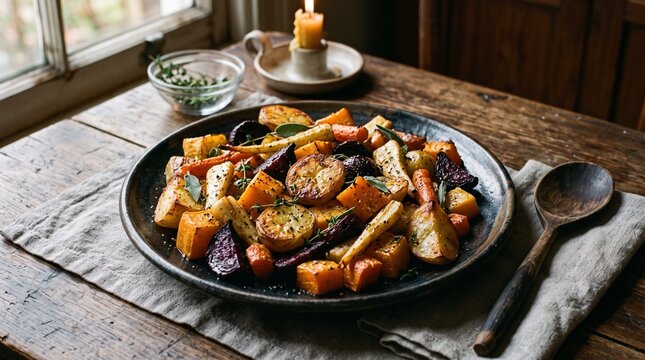 Cozy roasted root vegetables with potatoes, parsnips, carrots, beetroot and squash, caramelized with thyme and sage in warm autumn styling.