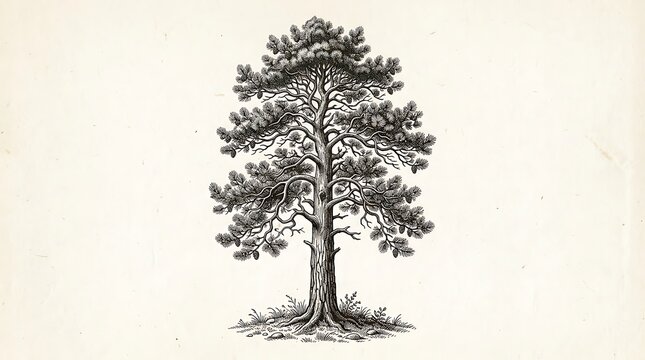 Vintage Woodcut Pine Tree Illustration with Cones