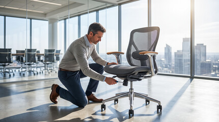 male corporate worker wearing casual business clothes kneeling on concrete floor while fixing grey ergonomic mesh office chair using metal manual screwdriver © Celt Studio
