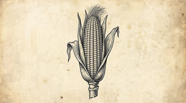 Vintage woodcut corn on the cob illustration on parchment