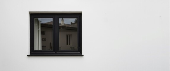 Fototapeta premium Modern Black Window Frame with Reflection on a Plain White Wall