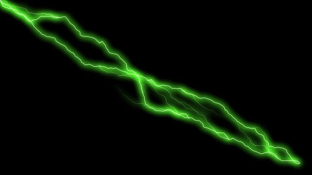 Green lightning bolt striking through black background with intense electrical discharge motion effect and high contrast cinematic energy animation for visual post production elements and digital art 