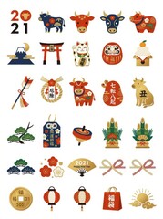 Fototapeta premium Japanese New Year 2021 Year of the Ox Traditional Icon Set with Lucky Charms, Maneki-neko, Daruma, and Mt. Fuji Illustration