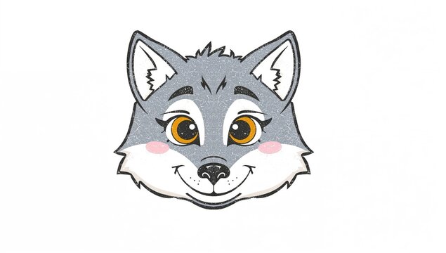 Happy Cartoon Wolf Face with Big Eyes and Smile on White Background