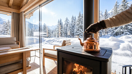 Fototapeta premium Person wearing thick glove placing copper teapot black wood stove burning fire large windows snowy pine forest mountains bright sunny winter day