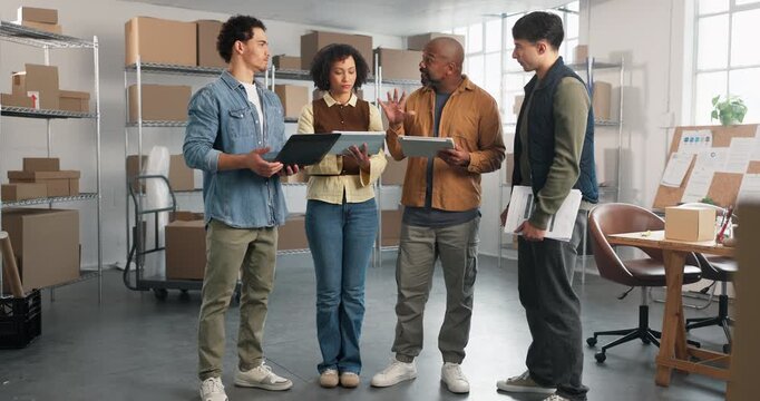 People, logistics and meeting with tablet in small business store for delivery schedule or tasks. Group, employee team and discussion with tech and boxes for distribution or courier service in shop