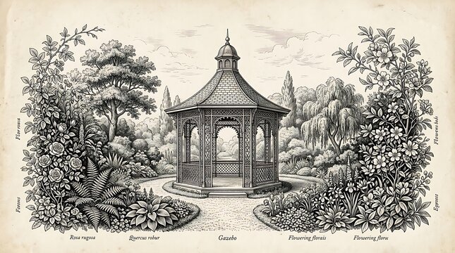 Vintage Garden Gazebo and Botanical Engraving Illustration