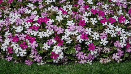 Fototapeta premium Vibrant Pink and White Flowers in Bloom on Green Grass