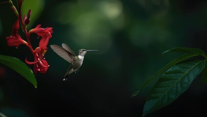 Naklejka premium Hummingbird Hovering Near Red Flowers in a Lush Green Setting