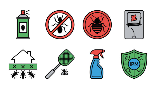Pest Control and Exterminator Vector Icon Set with Insecticide Spray, Mousetrap, Flyswatter, Termite Barrier, and Bedbug Signs
