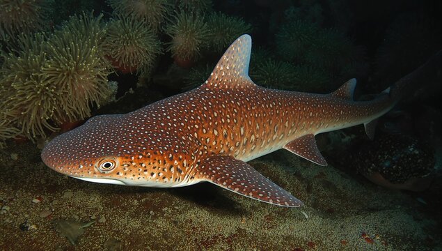 Leopard Shark Swimming Among Coral Reefs in Dark Water