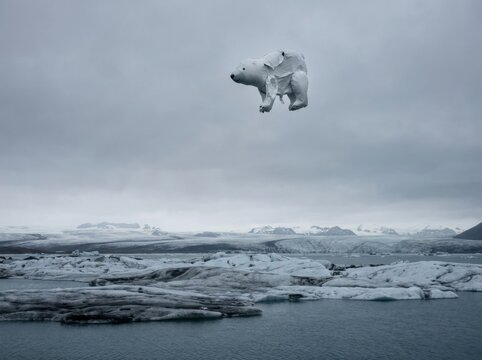 Deflated polar bear shaped balloon floating away over a vast glacial lagoon