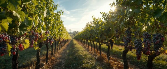 Naklejka premium Grapevines with Ripe Grapes under a Sunny Sky at Vineyard