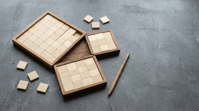 Wooden Puzzle Squares and Pencil on Textured Surface