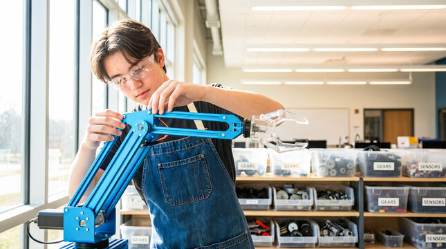 Focused teenage high school student wearing protective safety goggles building blue mechanical robotic arm device inside bright modern university engineering laboratory classroom setting