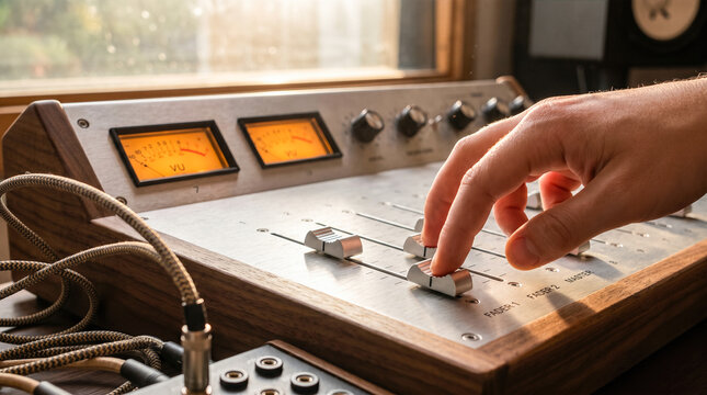 Human fingers precisely adjusting metal volume fader sliders upon vintage analog wooden mixing console featuring glowing orange meters inside professional music recording studio