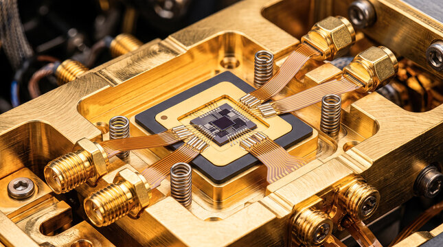 Advanced quantum computing processor microchip mounted inside heavy gold plated metal housing connected by multiple flexible ribbon cables and coaxial radio frequency ports