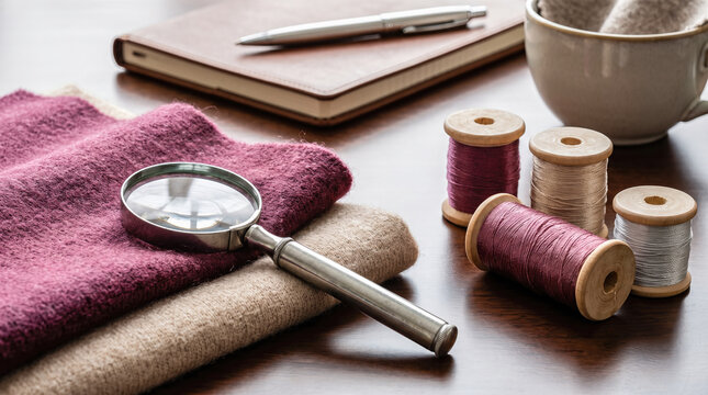 Vintage silver magnifying glass resting upon folded soft pink woolen fabric alongside wooden thread spools and leather notebook atop dark oak table