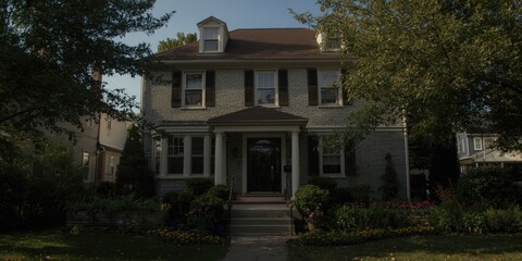 Fototapeta premium Charming Two-Story House Surrounded by Lush Garden and Trees on a Sunny Day