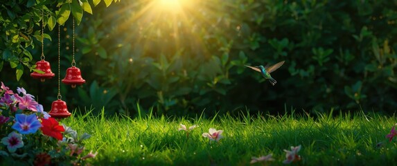Naklejka premium Hummingbird Flying Near Red Feeders in Sunlit Garden with Flowers