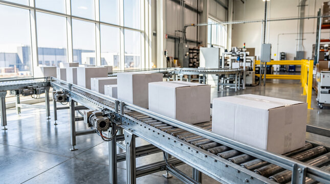 Multiple blank white cardboard boxes moving along steel roller conveyor belt inside large sunny industrial warehouse facility during automated shipping process