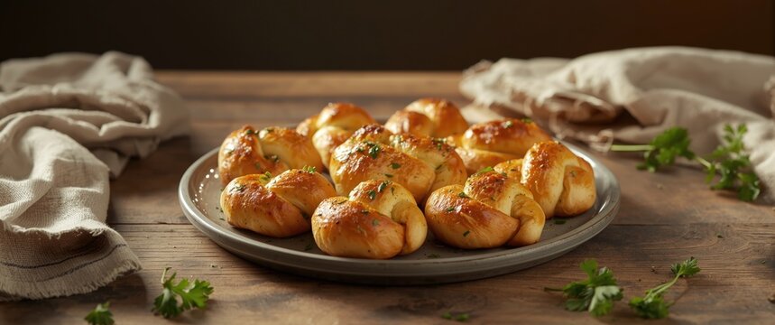 Fresh Herb Garlic Knots on a Gray Plate with Rustic Table Setting