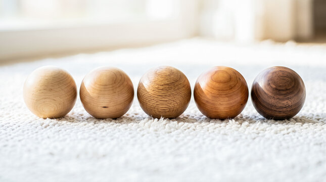 Five spherical wooden balls crafted from varying timber species aligned consecutively across soft white woven rug illuminated by bright morning sunlight near ground level