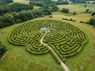 Naklejka premium Hedge maze shaped like a human brain with wind turbines and solar panels in the center for green energy