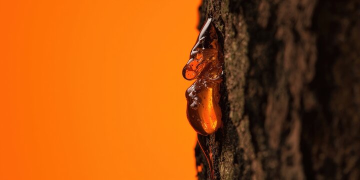 Amber Resin Dripping from Tree Bark with Vibrant Orange Background