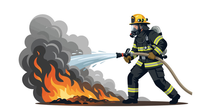 Firefighter in action extinguishing flames with water hose