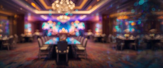 Naklejka premium Elegant Banquet Hall with Blurred Lights and Decorations at Night