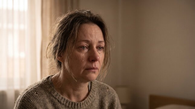 Sad woman crying with tears in eyes feeling emotional pain and mental health distress