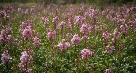 Obraz premium Pink Flowers Blooming in a Lush Green Field Under Soft Daylight