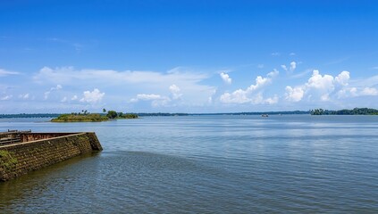 Fototapeta premium Serene Lake View with Calm Waters under a Bright Blue Sky