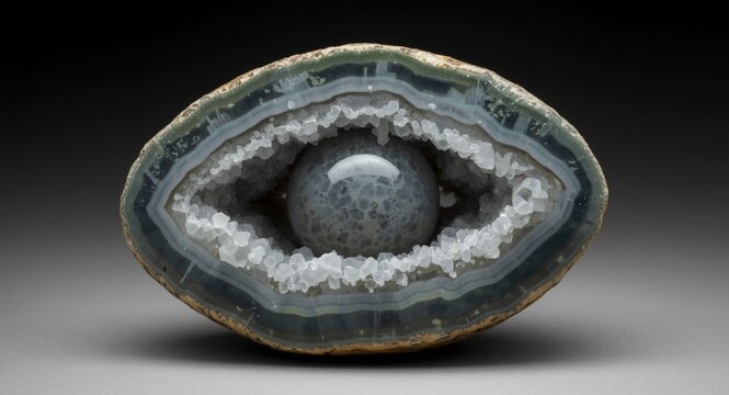 Geode Slice with Crystal Cavities and Orb in Natural Light