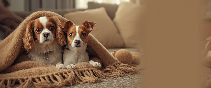 Cavalier King Charles Spaniel and Jack Russell Terrier Cuddling Under a Blanket in a Cozy Living Room