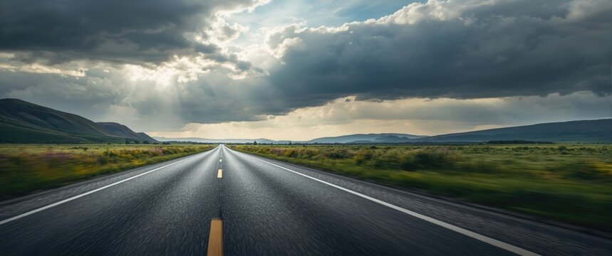 Open Road Stretching into a Dramatic Cloudy Sky with Sunlight Beams
