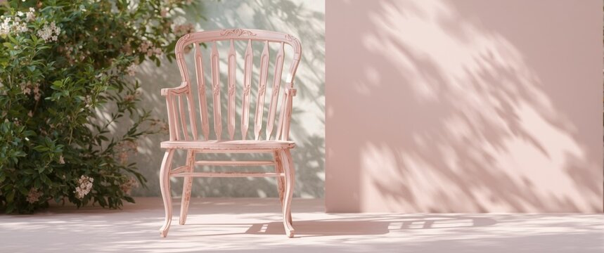 Elegant Wooden Chair Surrounded by Greenery with Soft Shadows on a Pink Wall