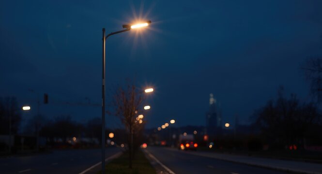 Lamp Post Illuminating Quiet Street at Dusk with Blurry City Lights