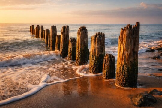 Weathered Wooden Posts at Shoreline with Gentle Waves During Sunset
