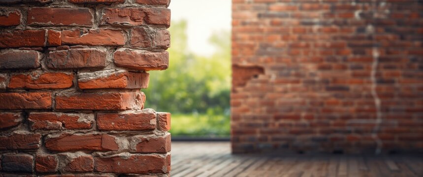 Brick Wall Corner with Natural Light and Greenery in Background