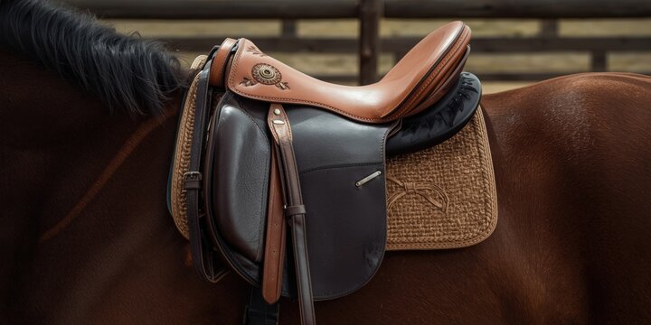Detailed Leather Saddle on a Brown Horse in Barn Setting